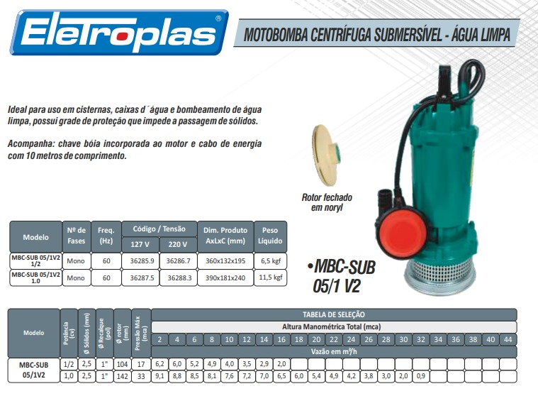 MOTOBOMBA CENTRÍFUGA SUBMERSÍVEL – ÁGUA LIMPA 